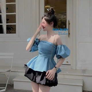 Set bộ nữ 2 món áo Jean lụa cúp ngực tay búp phồng hở lưng quần bí Kim Ruby Fashion chất Jean trẻ trung