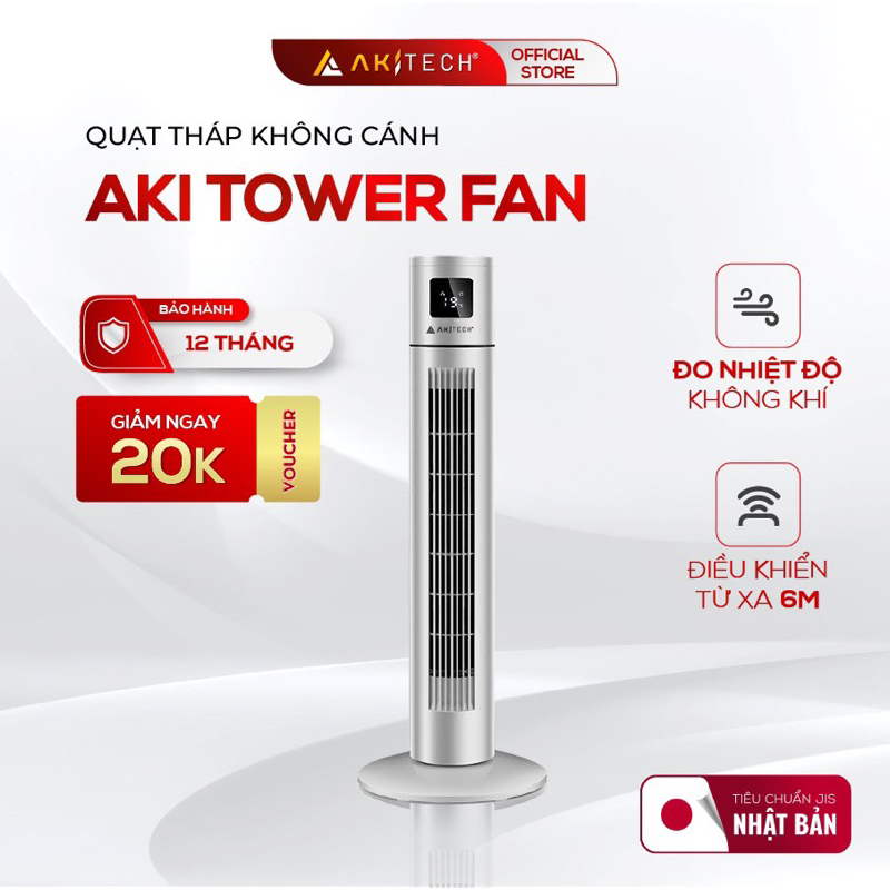Quạt tháp không cánh AKI TOWER FAN đo nhiệt độ, điều hòa không khí, màn hình LED cảm ứng, công suất 45W