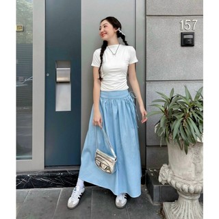 Set áo trắng nhún body + chân váy xanh midi xòe suông day cột eo