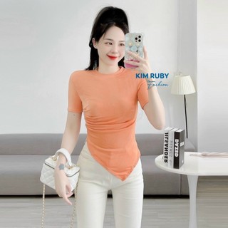 Áo kiểu nữ tay ngắn cổ tròn vạt xéo Kim Ruby Fashion chất thun nhũ cao cấp