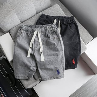 quần short jean RL thêu ngựa cho nam cạp chun vải bò giấy mềm ống suông lưng thun dây rút trẻ trung năng động