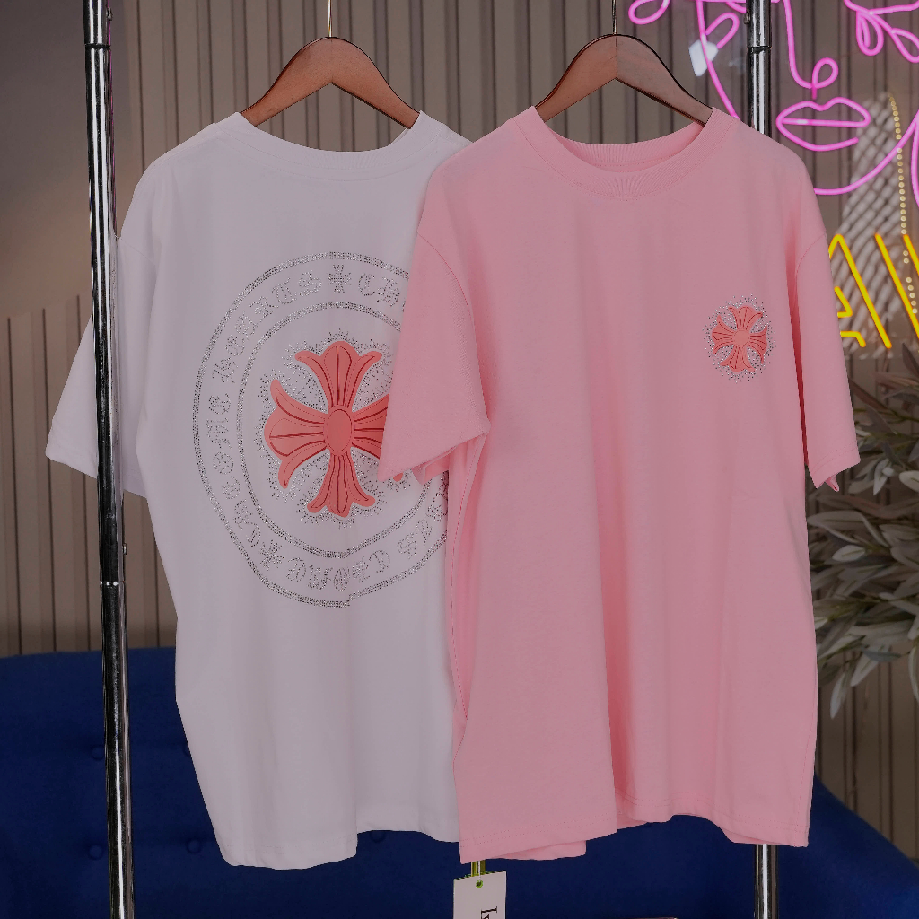 Áo Thun Nữ, Áo Phông Chữ Thập Đính Đá Nam Nữ Unisex Tay Lỡ Cotton Form Rộng