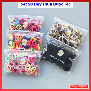 Túi 50 dây thun nhỏ cho bé cột tóc bằng vải có nhiều màu sắc, dây chun buộc tóc tặng kèm túi zip