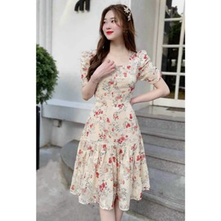  Đầm thời trang nữ chất voan hoa in cổ vuông tay ngắn váy xoè lai xếp ly ngang gối QC 