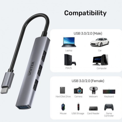Hub 4 Port Type C to 3 USB 2.0 + 1 USB 3.0 20cm Unitek H1208B - Hàng chính hãng bảo hành 12 tháng