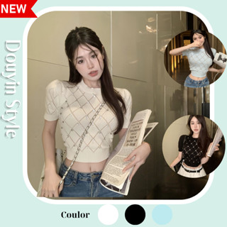 Áo Thun Nữ, Áo Thun Tay Ngắn Kiểu Croptop Đính Hạt Đá Lấp Lánh Phong Cách Tiểu Thư Douyin