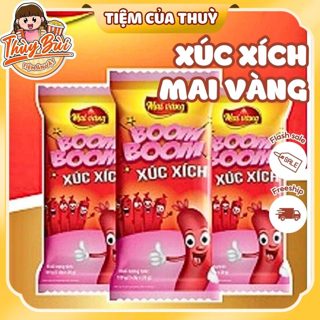 Gói 5 Cây Xúc Xích Boom Boom Mai Vàng, Xúc Xích Heo, Xúc Xích Ăn Liền, Tiệm ăn vặt Thuỳ Bùi