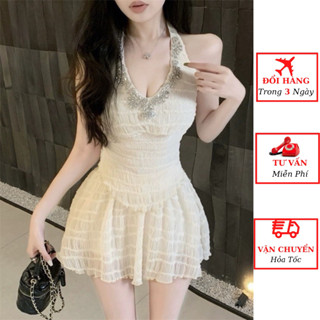 Set bộ nữ áo 2 dây cổ yếm đính đá kèm chân váy ngắn tiểu thư bánh bèo đi biển