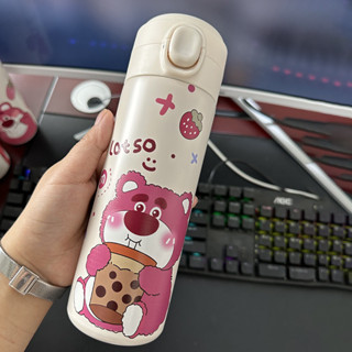 Bình giữ nhiệt gấu dâu, bình nước inox giữ nhiệt cao cấp hình gấu dâu lotso cute dễ thương 420ml nắp bật tiện dụng Nice