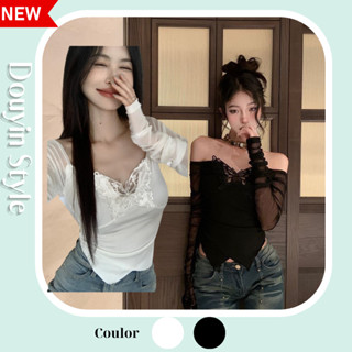 Áo Kiểu Nữ, Áo Thun Trễ Vai Ôm Body Tay Dài Phối Voan Tôn Dáng Phong Cách Tiểu Thư Douyin