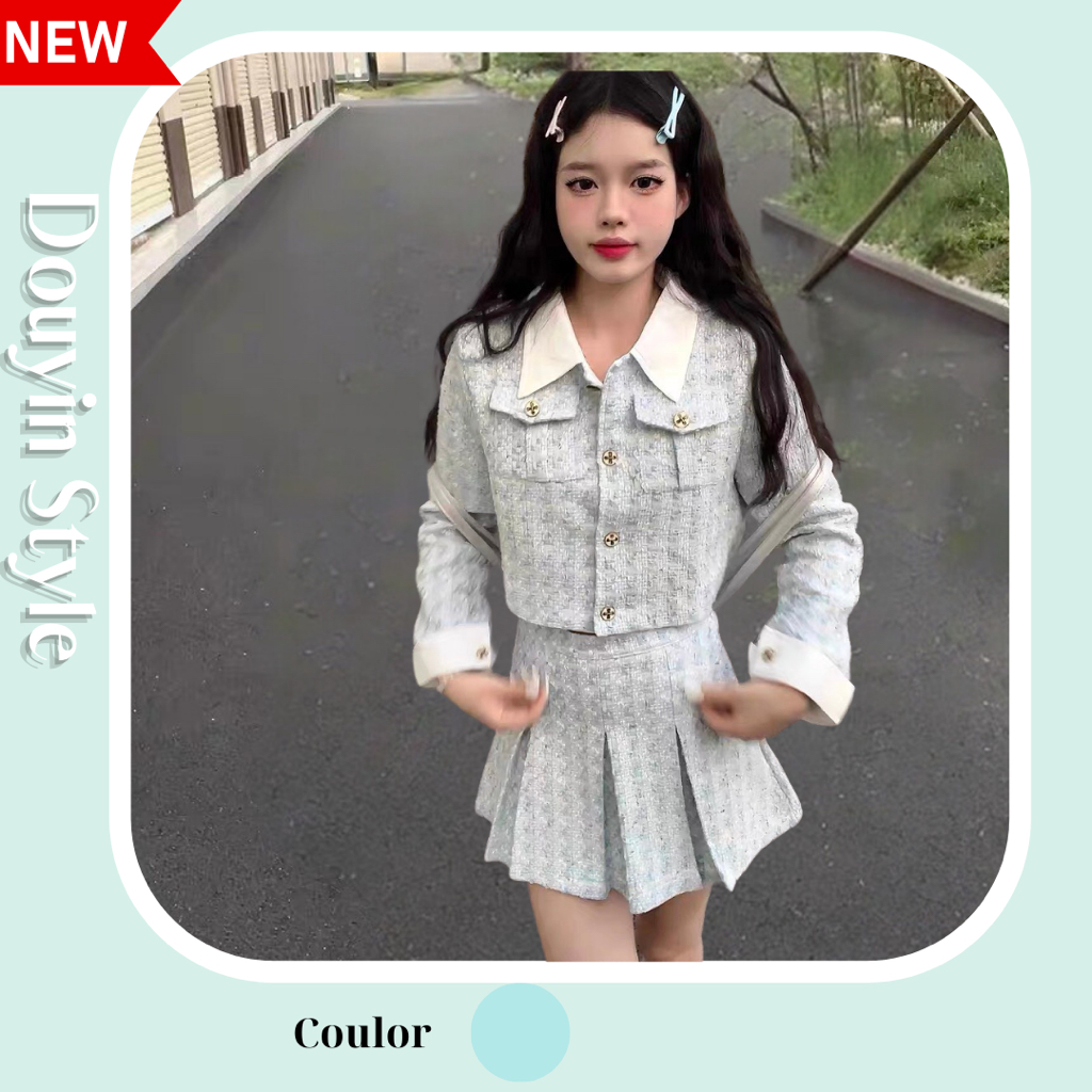 Set Dạ Tweed , Set Tweed Áo Khoác Kèm Chân Váy Dạ Xếp Ly Phong Cách Tiểu Thư Ngọt Ngào Douyin