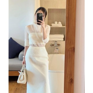  Sét chân váy dài áo bra và áo lụa ngoài kiểu đầm dự tiệc màu trắng kem sang trọng L157 