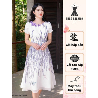 Váy nữ vải tơ cao cấp đính dệt thủ công thiết kế hoa tím cổ điển quyến rũ lịch sự - Thảo Fashion