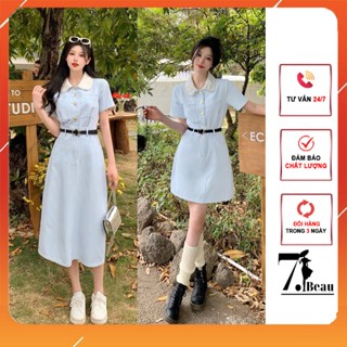 Váy nữ tay ngắn, đầm kaki thắt eo kèm đai thiết kế thanh lịch công sở nữ tính, cổ viền ren chất mềm mát 7.Beautiful V171