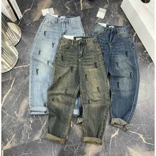 Quần baggy jeans nữ chất qc siêu đẹp 3 màu thêu nổi họa tiết đen chuẩn form hack dáng