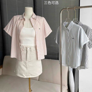 áo sơ mi nữ kẻ sọc cộc tay thêu nơ  , áo sơ mi cộc tay kẻ sọc thêu nữ phong cách tối giản hàn quốc xoaistore (A142)