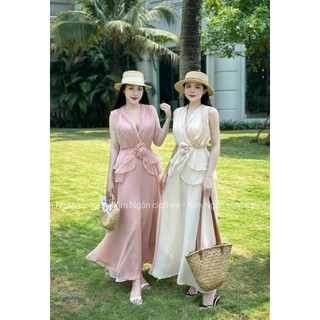 BỐNG - Váy thiết kế tơ ngọc trai cuốn hoa xếp ly ngực dáng dài