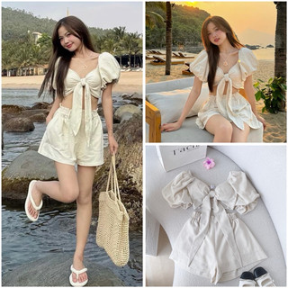 Set áo croptop nude cột ngực tay phồng + quần short