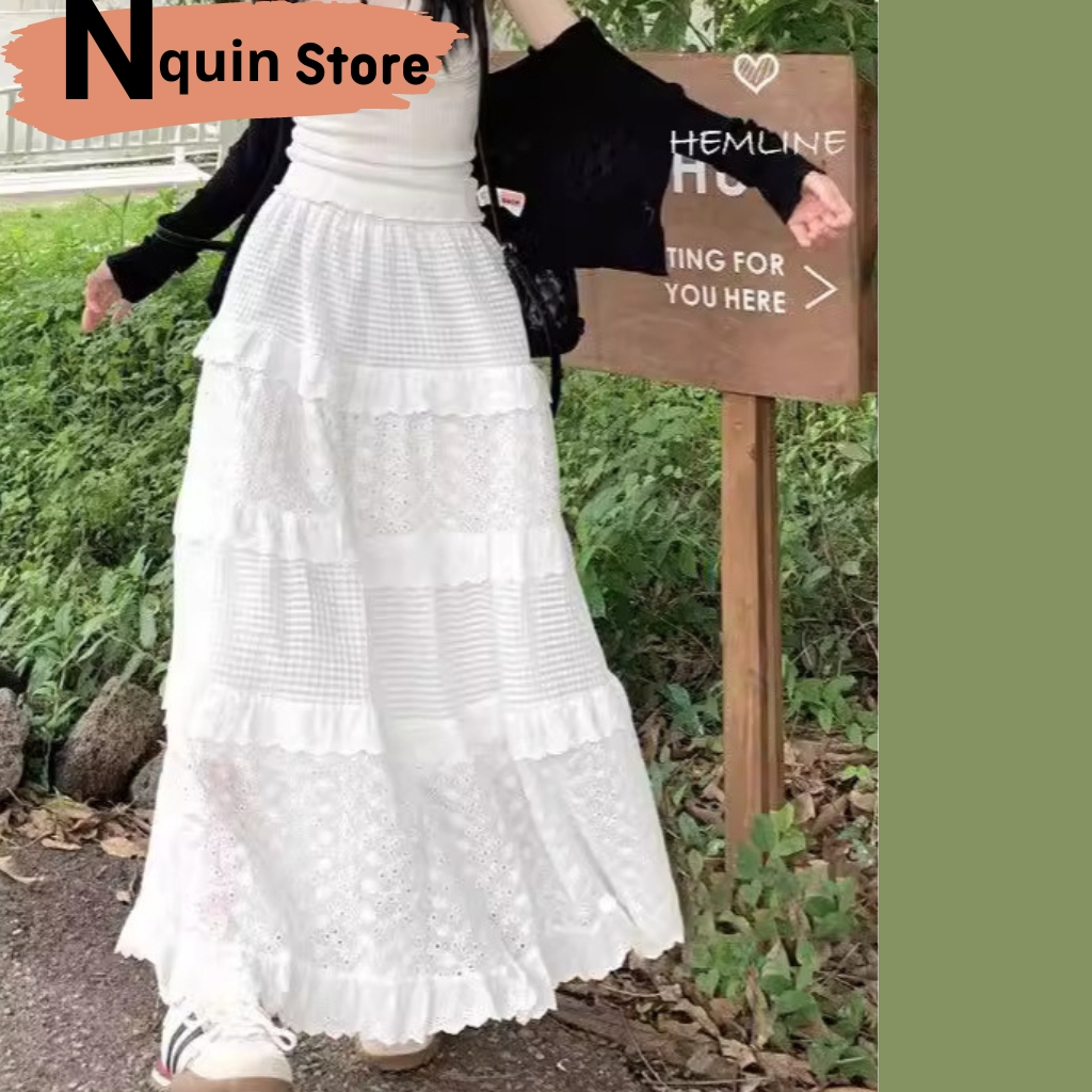 Chân váy chữ A dáng dài,chân váy nữ được thiệt kế tùng xoè dáng MIDI phối ren phong cách hiện đại thời trang Nquin Store