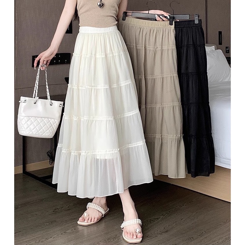 [XẢ KHO] Chân váy midi xòe chất voan tơ dáng dài có lót trong cạp chun nữ tính CV153 PANOSI | BigBuy360 - bigbuy360.vn