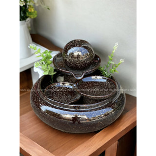 Thác nước phong thủy để bàn địa cầu nâu kim sa 3 tầng gốm sứ Bát Tràng
