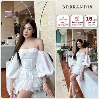 Set áo nữ mila BDBRAND18 trễ vai tay bồng phối nơ màu trắng kèm chân váy nữ ngắn dáng xòe xếp tầng tôn dáng