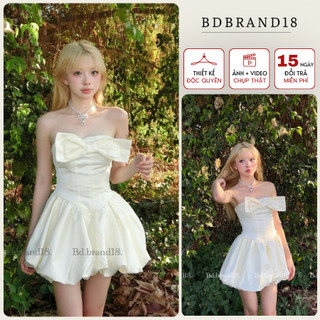 Váy cúp ngực ngối nơ dáng bí kèm tay bồng phong cách tiểu thư babie màu trắng lưng chun co dãn BDBRAND18