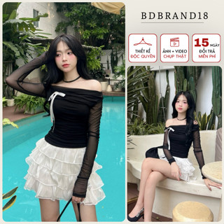Set áo trễ vai tay dài đính nơ trắng kèm chân váy xếp li dáng xòe màu trắng tiểu thư BDBRAND18