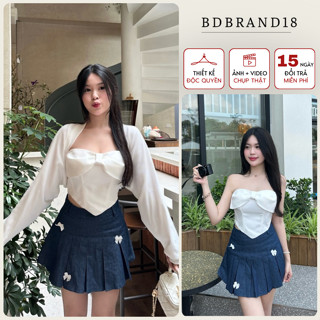 Set áo cúp ngực nữ tay dài bồng vai kèm chân váy denim bò xếp li đính nơ tiểu thư BDBRAND18