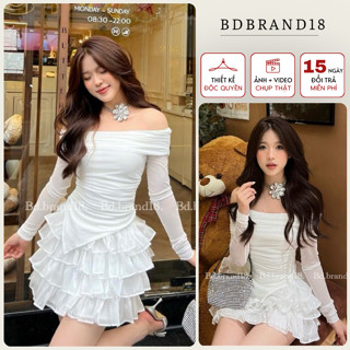 Set áo nữ dài tay trễ vai chất liệu tơ bóng cao cấp kèm chân váy xếp tầng dáng bồng 2 lớp BDBRAND18