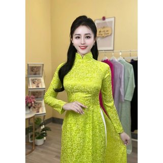  Áo Dài Gấm Nữ Lụa Thái Tuấn Màu CỐM NON Tay Dài Cổ 3 Phân 