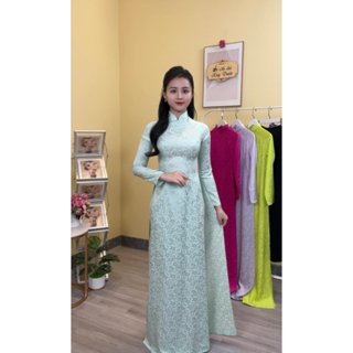 Áo Dài Gấm Nữ Lụa Thái Tuấn Màu Xanh   Bơ Tay Dài Cổ 3 Phân