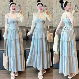 Set thiết kế maxi xanh 2s cột nơ eo và áo khoác crop len trắng