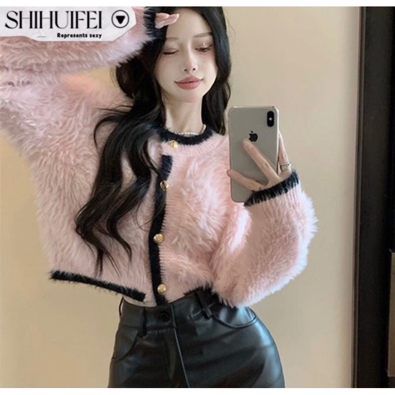 [Pass] SHIHUIFEI Áo Len áo khoác cardigan lông hồng Casual Fashion
