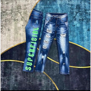 Quần jean nam đê quy chữ xanh sau ống bản 4 cúc rách xước bụi bặm mẫu mới hot trens-AHFASHION Menswear Pants Denim