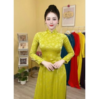  Áo Dài Gấm Nữ Lụa Thái Tuấn Màu Cốm Đậm Tay Dài Cổ 3 Phân 