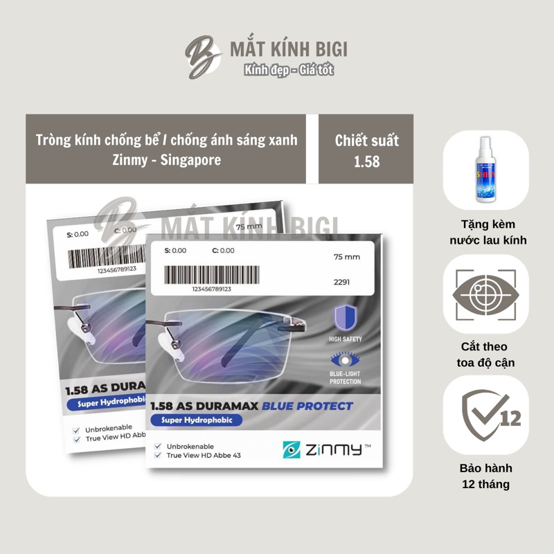 Tròng kính Chống bể / Chống ánh sáng xanh Zinmy 1.58 AS Duramax chính hãng