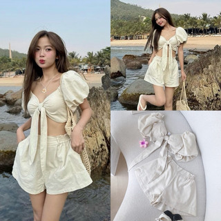 Set áo sơ mi xanh bơ cột dây+ quần short kaki