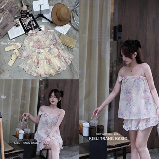 Sét áo hai dây nơ hoạ tiết hoa thêu Kiều Trang