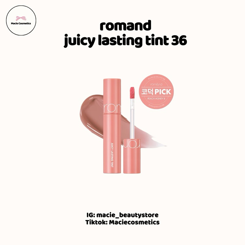 🍑Tặng cọ, kẹp tóc🍑Son Romand Juicy Lasting Tint màu 36 COHAx Peach Honey B CHÍNH HÃNG CÓ BILL