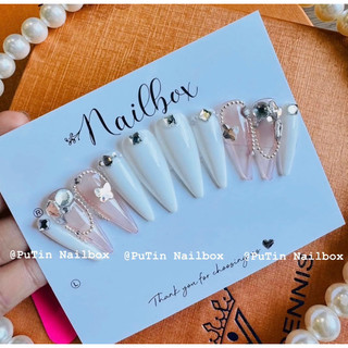 Nailbox Thiết Kế Thạch Hồng Trắng Đính Đá Đơn Giản