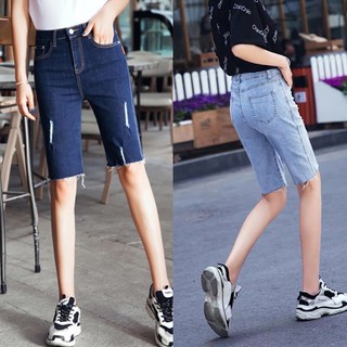 Quần Jeans Ngố BigSize Dáng Lửng Ngang Gối Phom Ôm Lưng Cao Co Dãn Mạnh Màu Xanh Nhạt Xanh Đậm Cào Xước 4351 4353