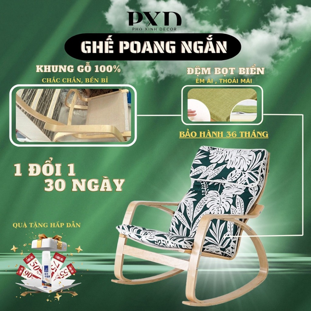 Ghế ngồi tựa lưng thư giãn, Ghế poang khung gỗ bạch dương chắc mịn, Ghế roocking chair ,Ghế bập bênh bảo hành 36 tháng