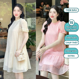 VÁY ĐẦM BẦU DỰ TIỆC CƯỚI MÙA HÈ DÁNG BABYDOLL TIỂU THƯ CHẤT VOAN LỤA 2 LỚP PHỐI BÈO SANG CHẢNH V783 - VÁY CÔNG SỞ XINH