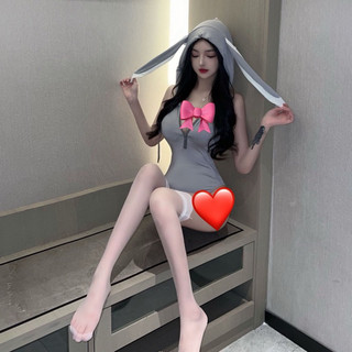 Đồ ngủ gợi cảm- Bộ jump tai thỏ xám khoá kéo sexy hở lưng quyến rũ