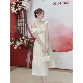 [Mẫu mới] Đầm nữ dự tiệc màu trắng thanh lịch thiết kế lệch vai kiểu đầm tiểu thư trẻ trung chất Tapta dày dặn sang tron