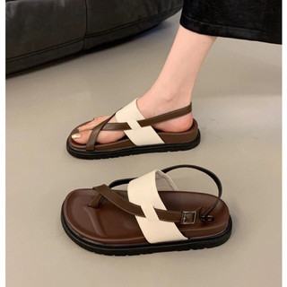 Dép sandal nữ xỏ ngón đế nâu quai da mềm