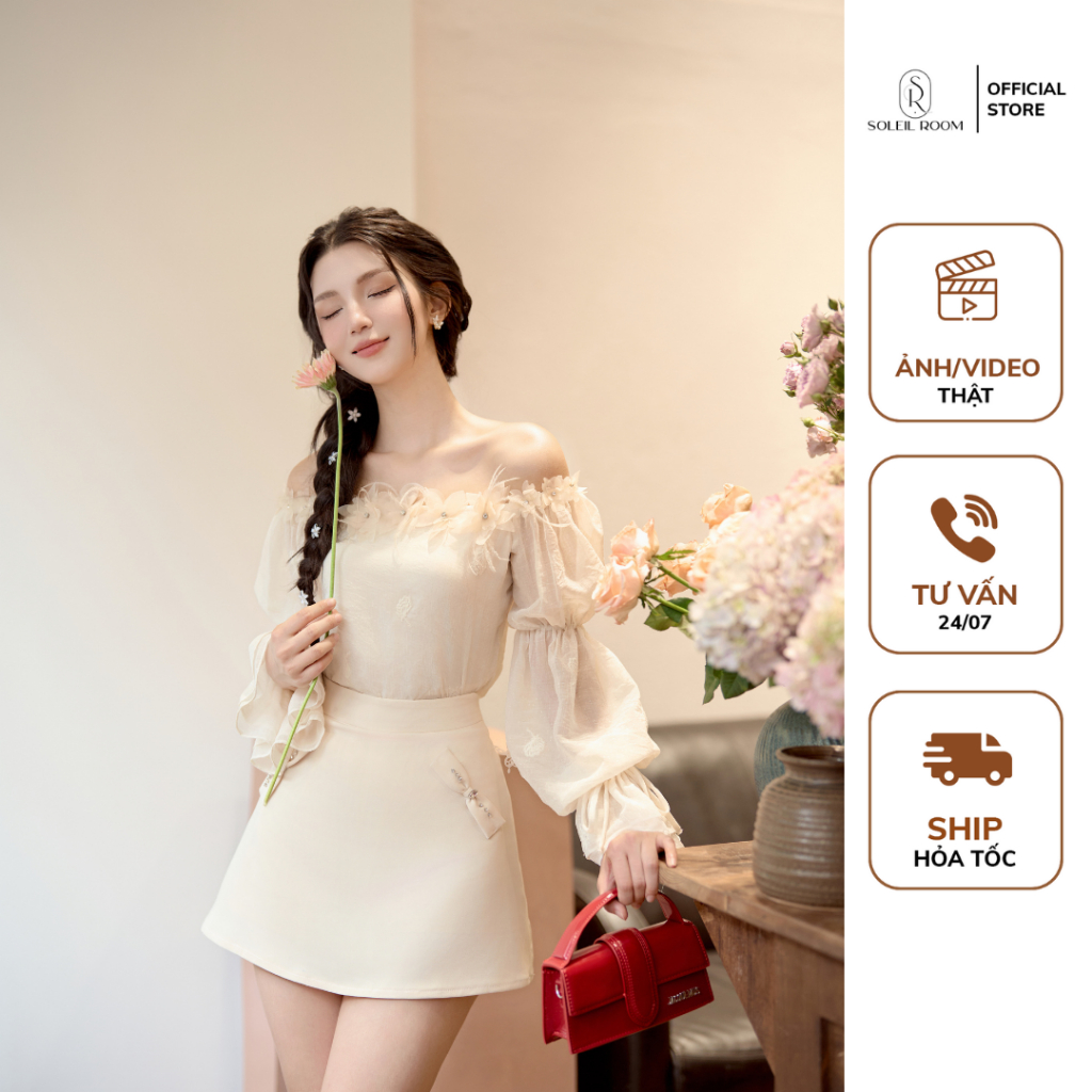 Áo Trễ Vai Thiết Kế Nữ SOLEIL ROOM Tơ Phối Hoa Nổi 3D Thủ Công Cao Cấp SWAN TOP và SOMI SKIRT