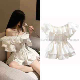 Áo peplum bẹt vai bèo xoè tay loe
