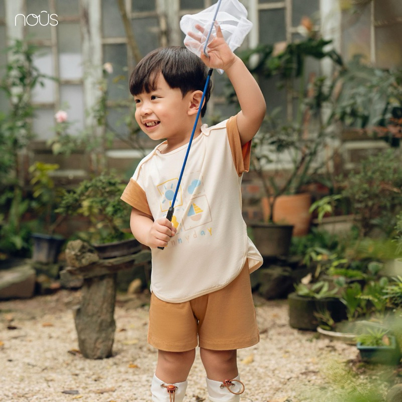 Bộ áo quần cộc tay màu be Nous Kid dành cho bé trai bé gái mùa hè mát mẻ cao cấp
